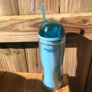 Starbucks 2008 Blue Double Wall Insulated Dome Top Travel Tumbler & Straw 16oz